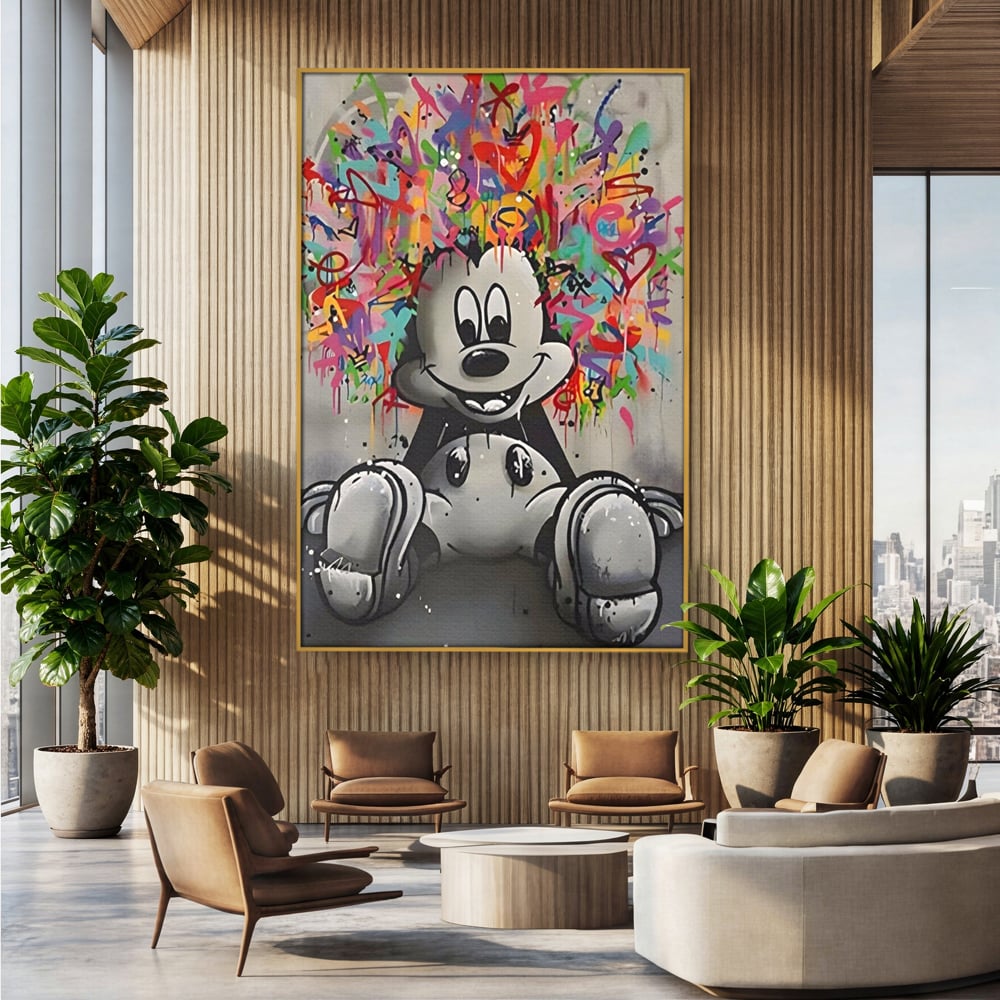 Tablou canvas cu tablou canvas cu mickey mouse colorat, in rama de aluminiu auriu, pe perete intr-un birou
